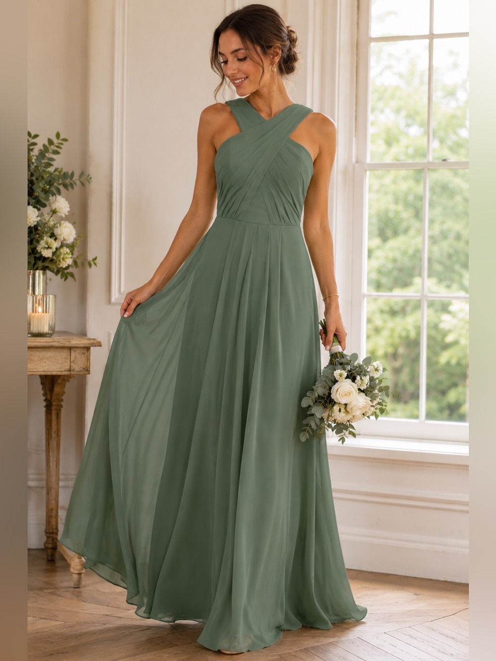 Azazie Brandie Eucalyptus Chiffon Bridesmaid Dress A2 Cross Back Maxi